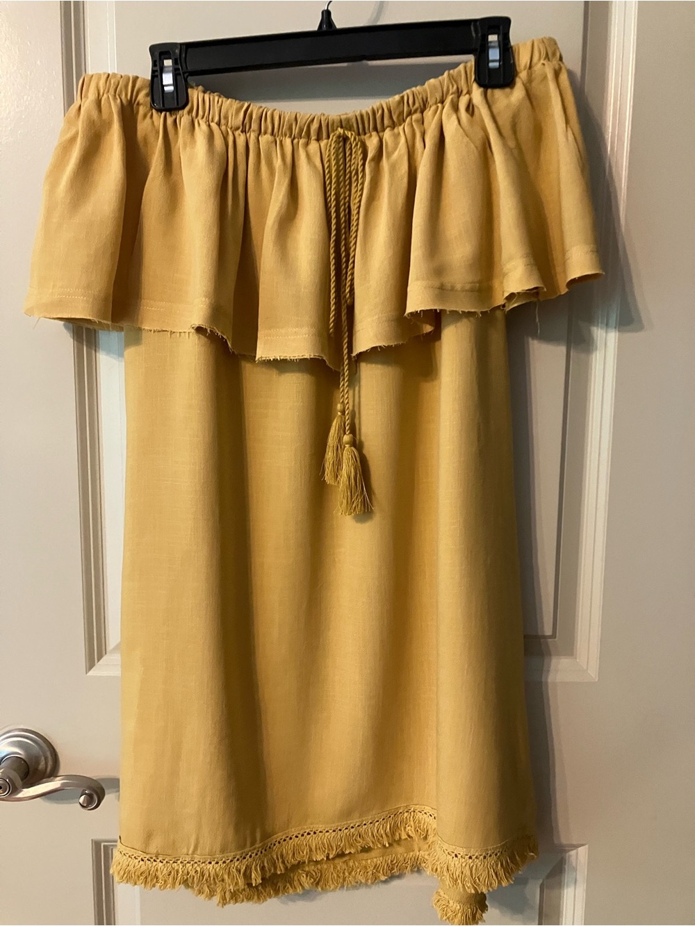 Off-Shoulder Mustard Yellow Tassel Blouse